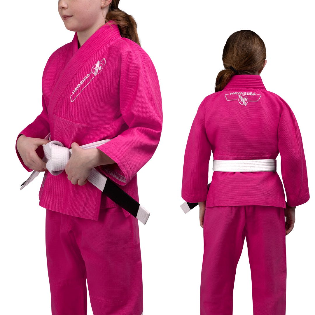 Vista frontal y trasera combinadas del kimono rosa de BJJ Hayabusa Essential Kids