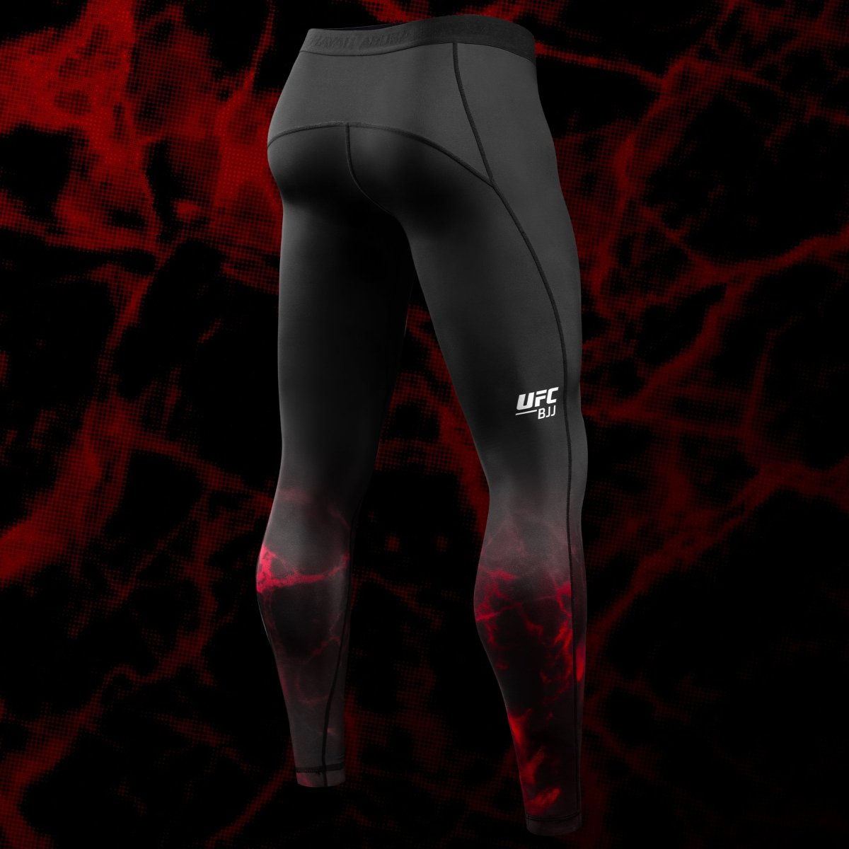 Vue arrière du legging UFC BJJ Spats noir et rouge, montrant la coupe ergonomique et les coutures plates