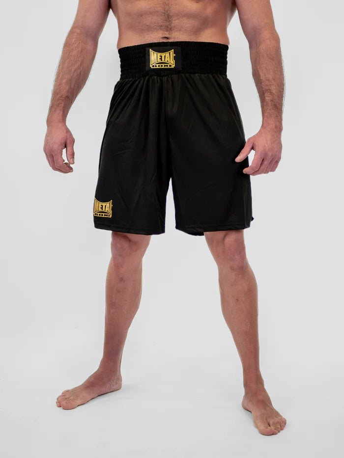 Vue principale de face short de boxe anglais Metal Boxe Water noir en satin fluide