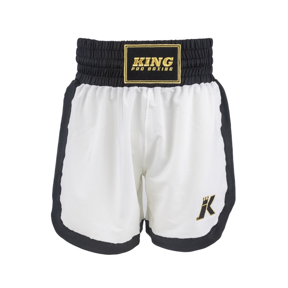 Short de boxe blanc K King Apex Pro avec taille haute et logos brodés.