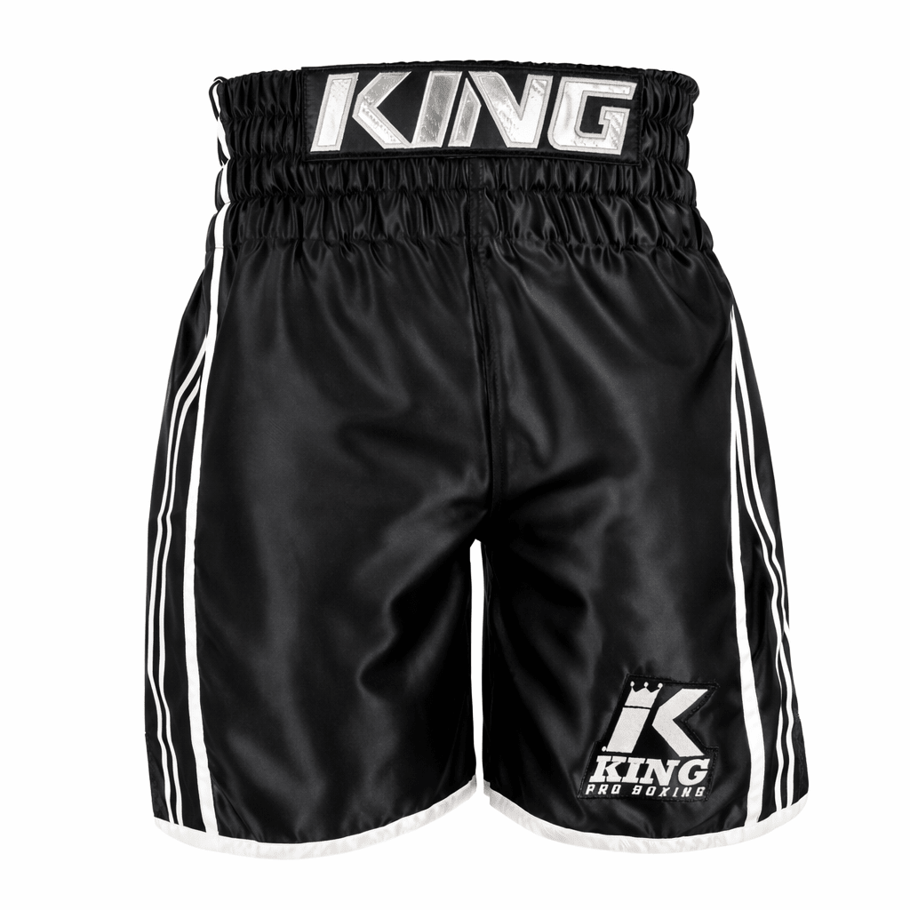 Short de boxe en satin noir de qualité supérieure King Pro Boxing XK Series avec logo brodé sur la ceinture.