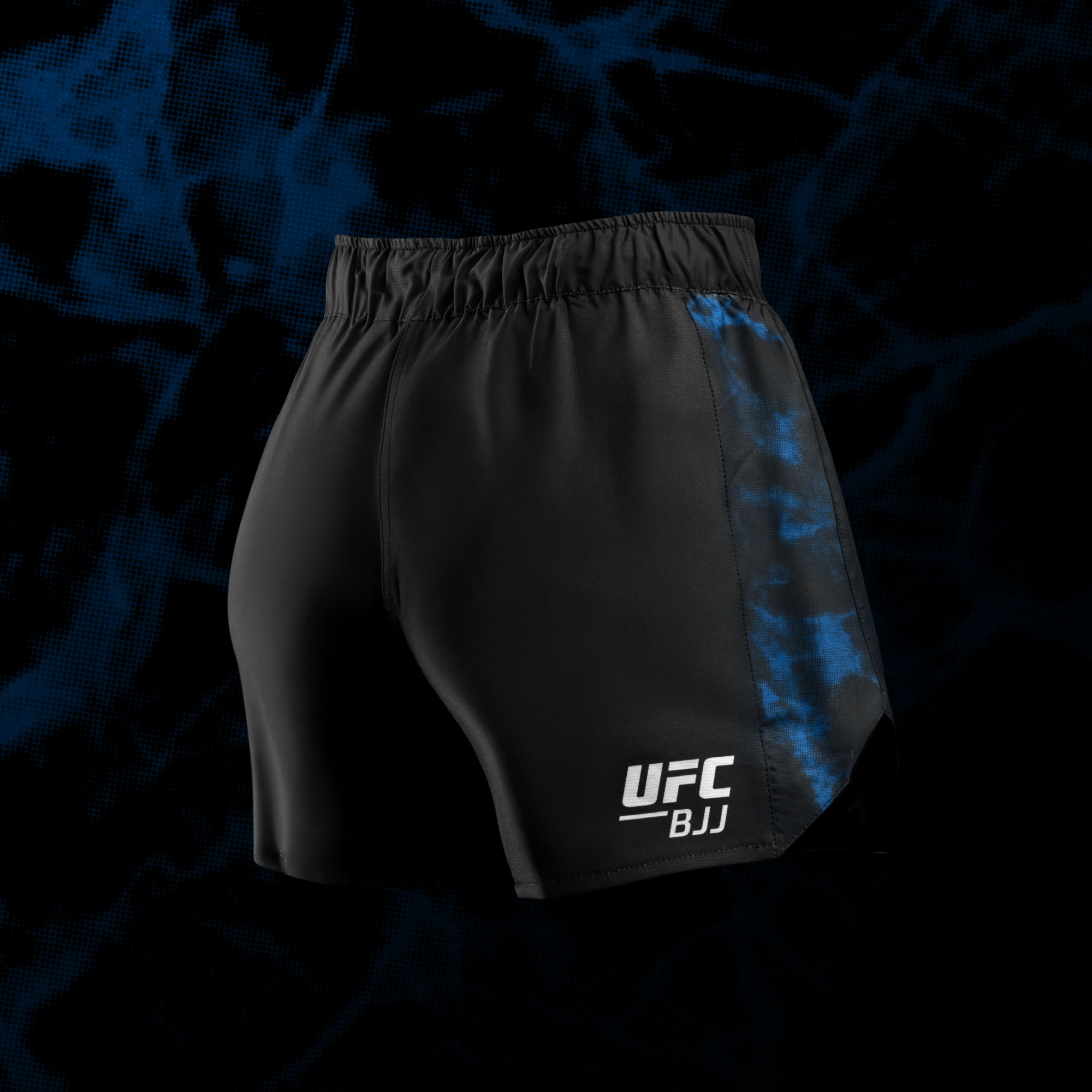 Vista posteriore dei pantaloncini UFC BJJ donna nero/blu, taglio ottimizzato per No-Gi e Jiu-Jitsu