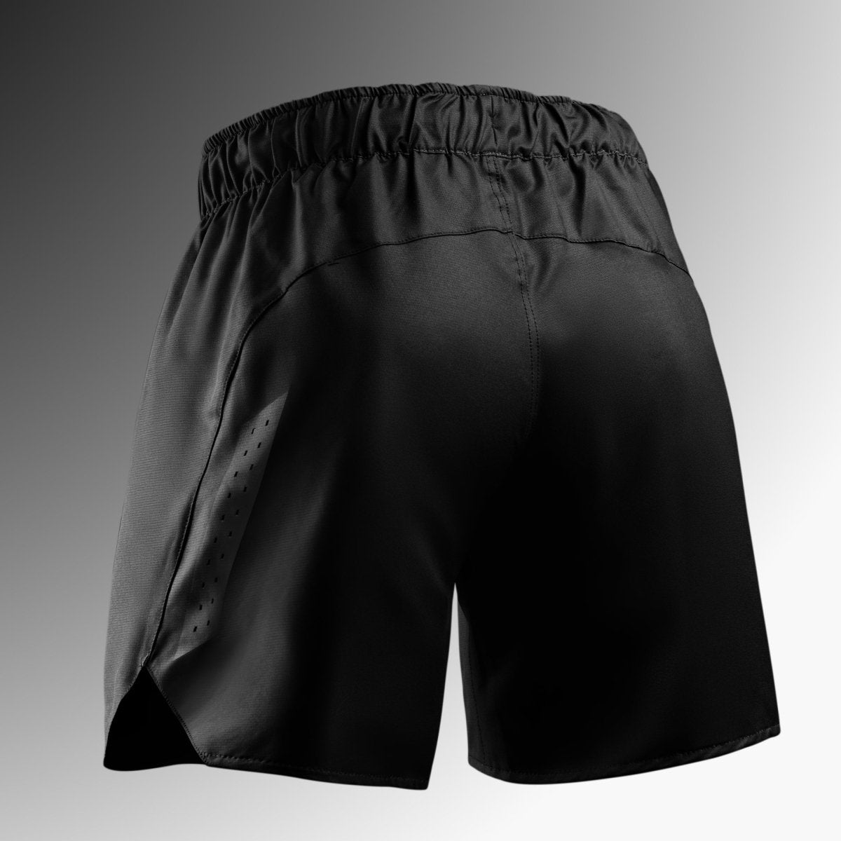 Rear view of the black Hayabusa Core shorts, highlights the performance cut and reinforced stitching