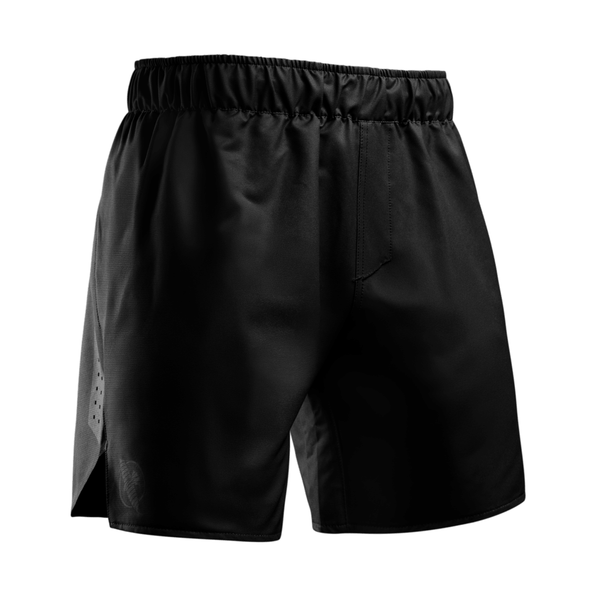 Vista frontal do short de luta Hayabusa Core preto, tecido ultraleve e cintura adaptável