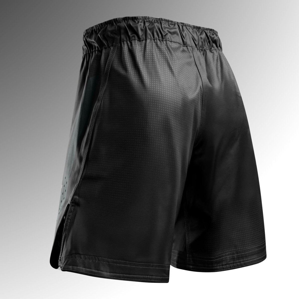 Vista trasera de los pantalones cortos negros de MMA Hayabusa Core Full-Length, corte clásico estilo tabla larga
