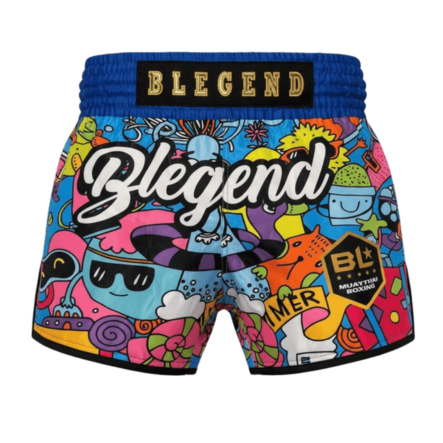 Pantaloncini Muay Thai bambino Blegend con grafica doodle rossa e blu.
