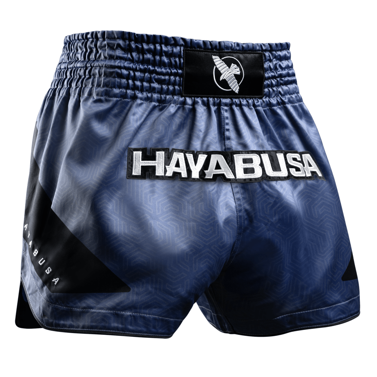 Pantalón corto Muay Thai Hayabusa Core azul visto de frente en tejido satinado