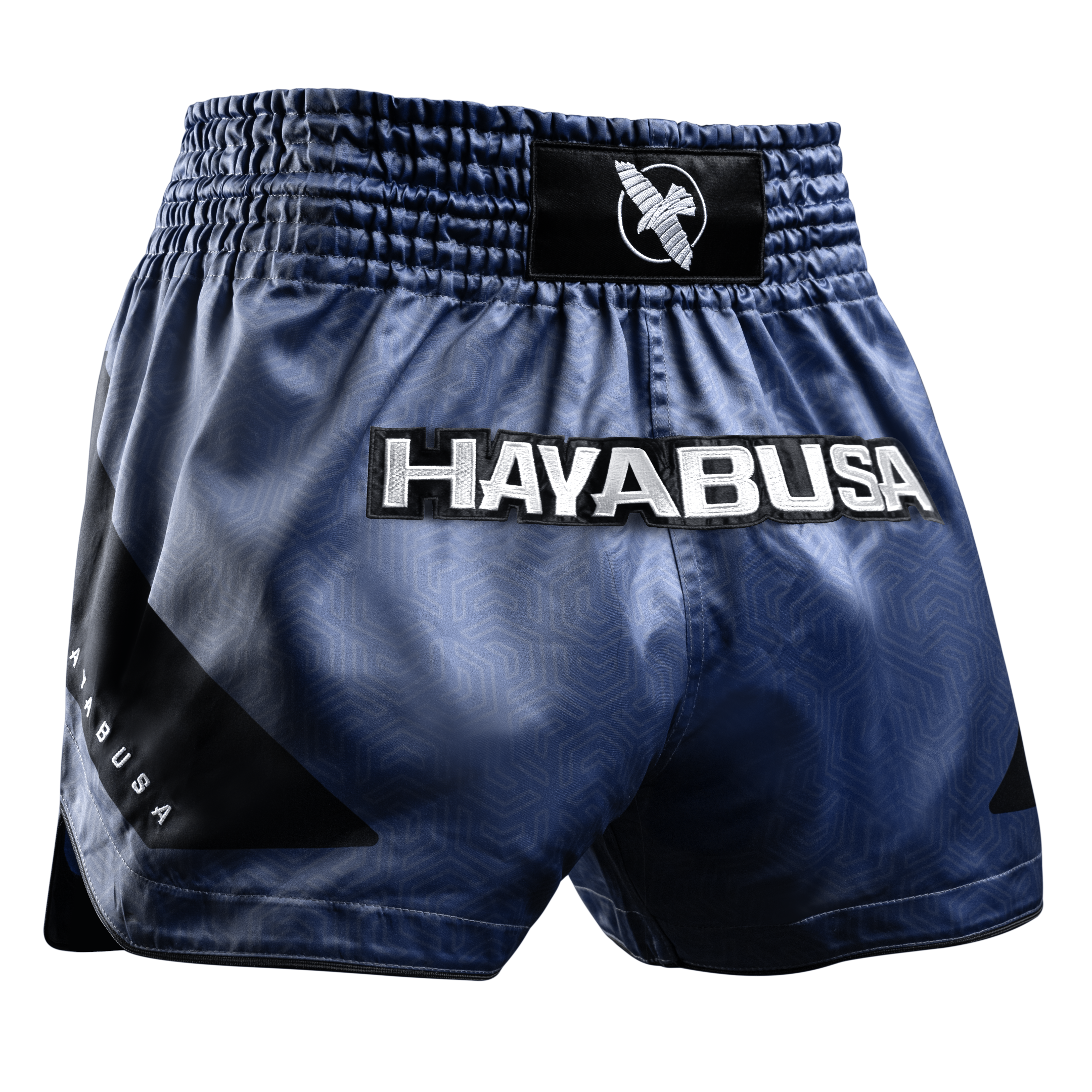 Pantaloncini Muay Thai Hayabusa Core blu visti frontalmente in tessuto satin