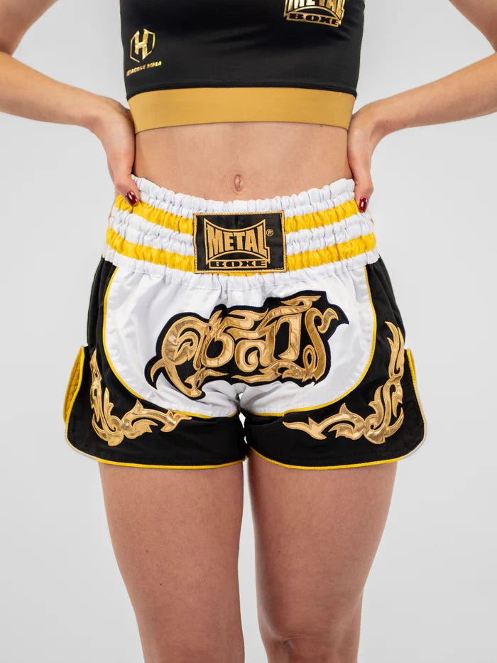 Front view Worn White Lumpinee Metal Boxing Unisex Muay Thai Shorts
