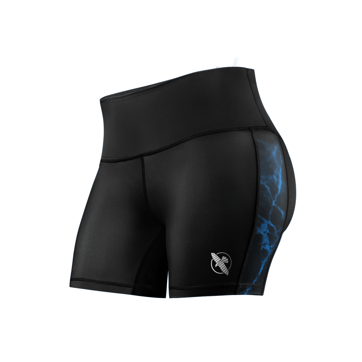 Vista frontal del pantalón corto de mujer Vale Tudo UFC BJJ negro con detalles azules