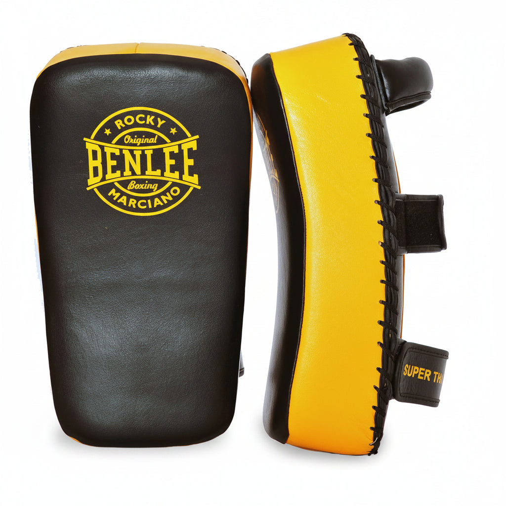 Front view of pair of black and yellow BenLee Super Thai Two leather paos for Muay Thai