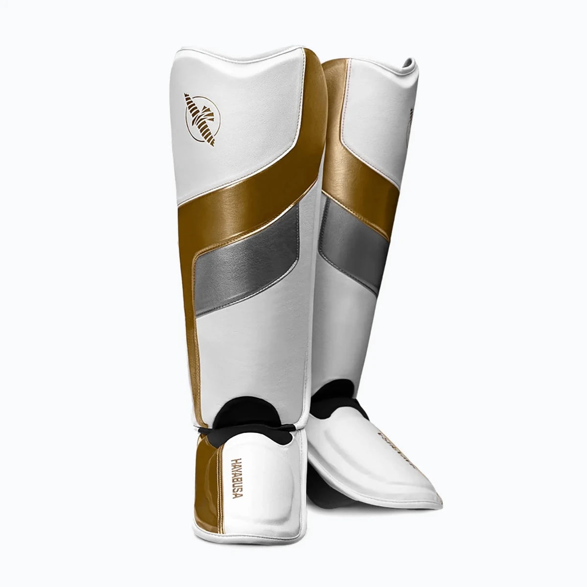 Espinilleras tipo calcetín Hayabusa T3 Full Back blancas, diseño técnico para sparring y entrenamiento intensivo