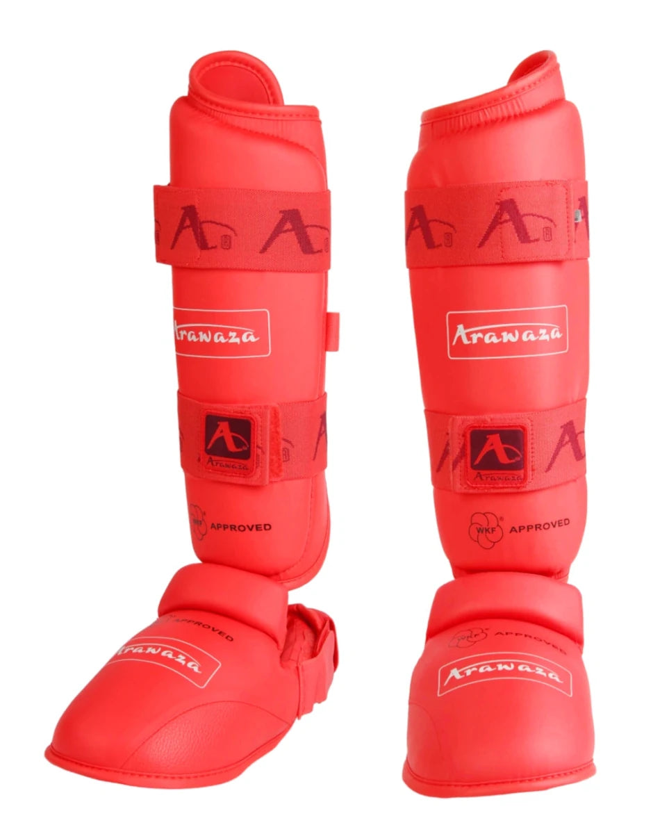 Espinillera Karate Arawaza WKF roja para niños y adultos protección completa