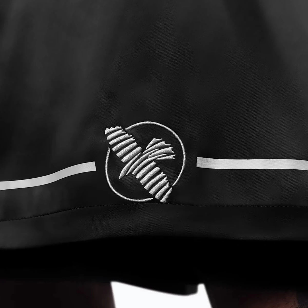 Hayabusa logo embroidered patch on black boxing shorts