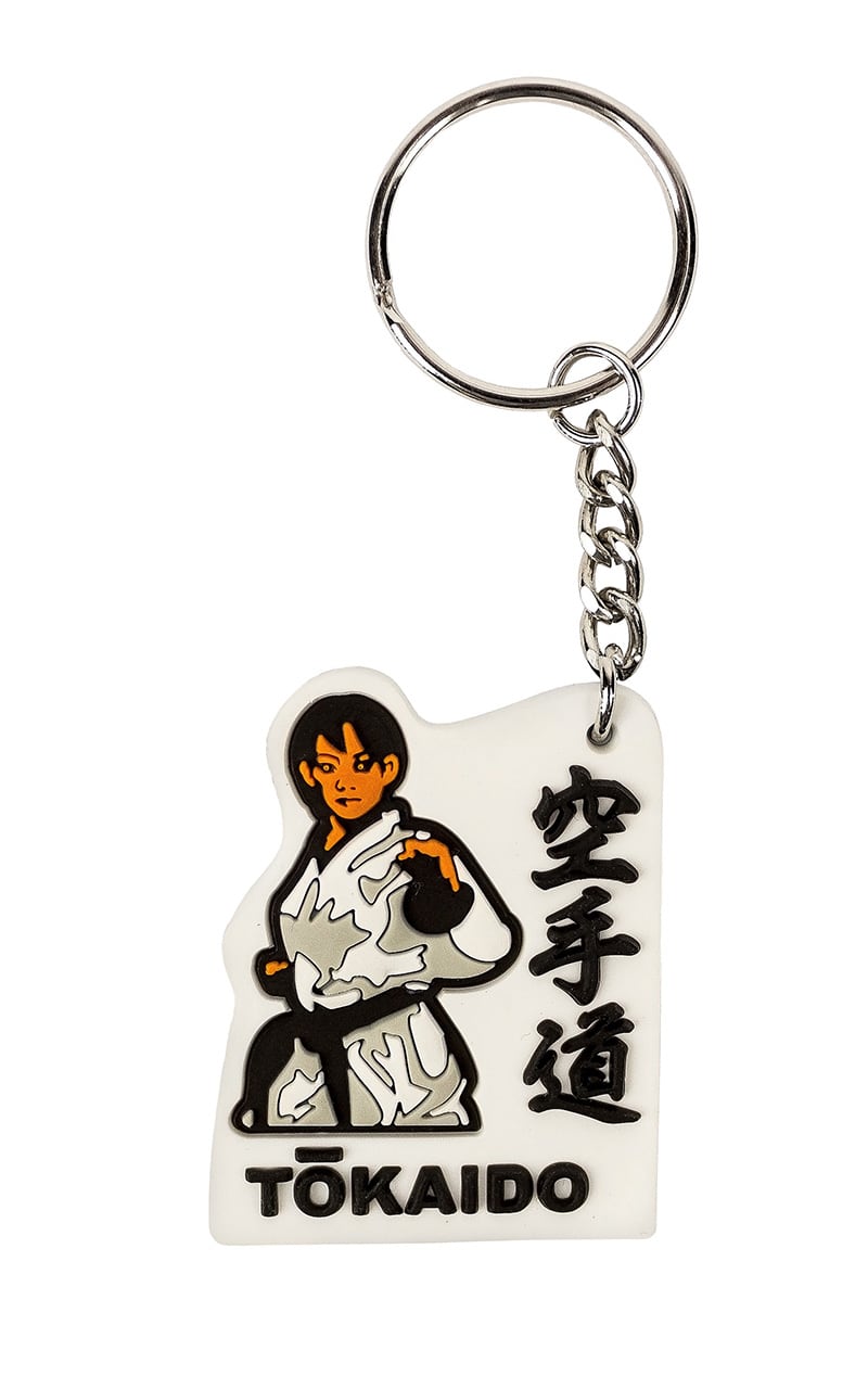 Portachiavi karate gommato.Lato bianco con ideogramma e atleta