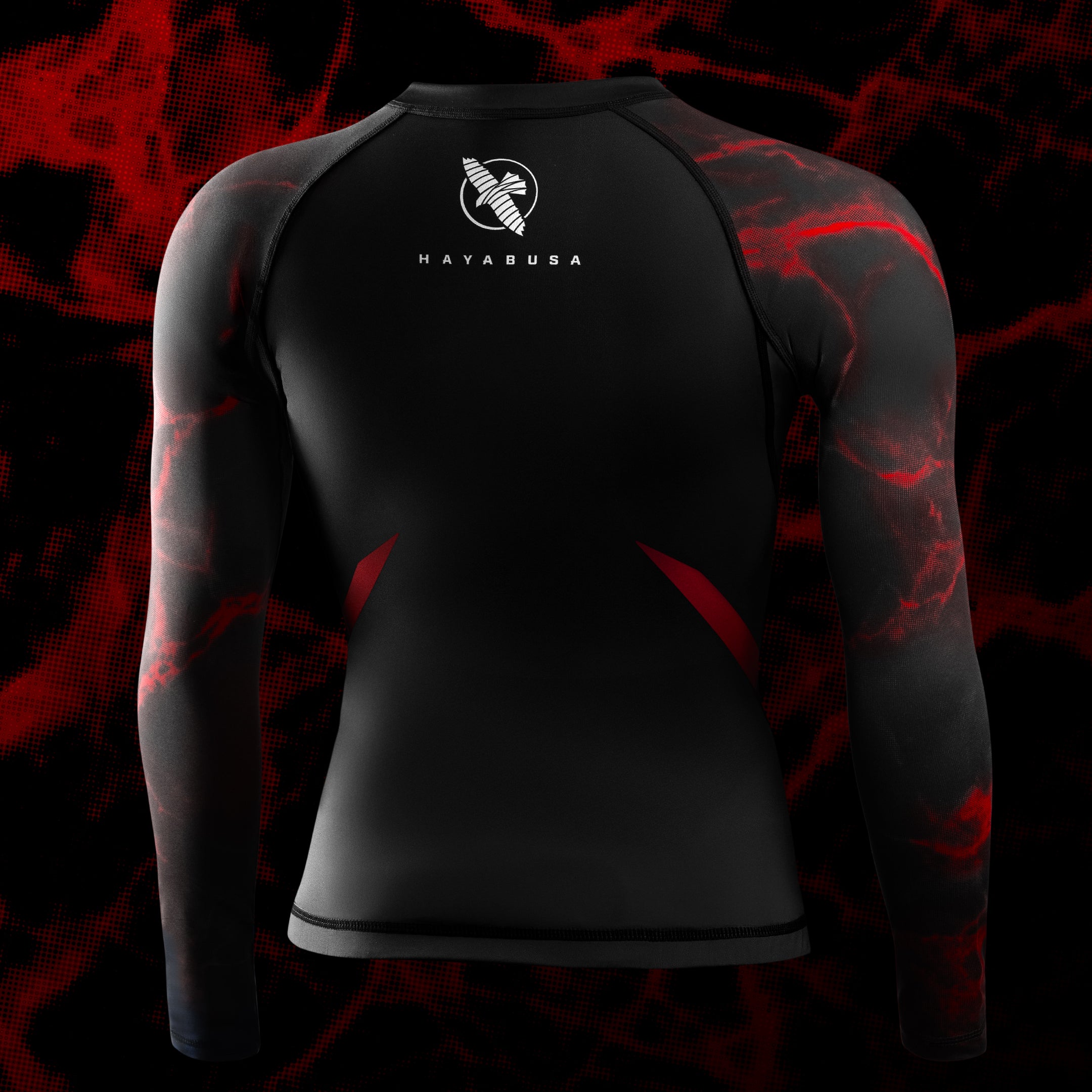 Vista posteriore della rash guard UFC BJJ donna nero/rosso, protezione totale da abrasioni per Jiu-Jitsu No-Gi