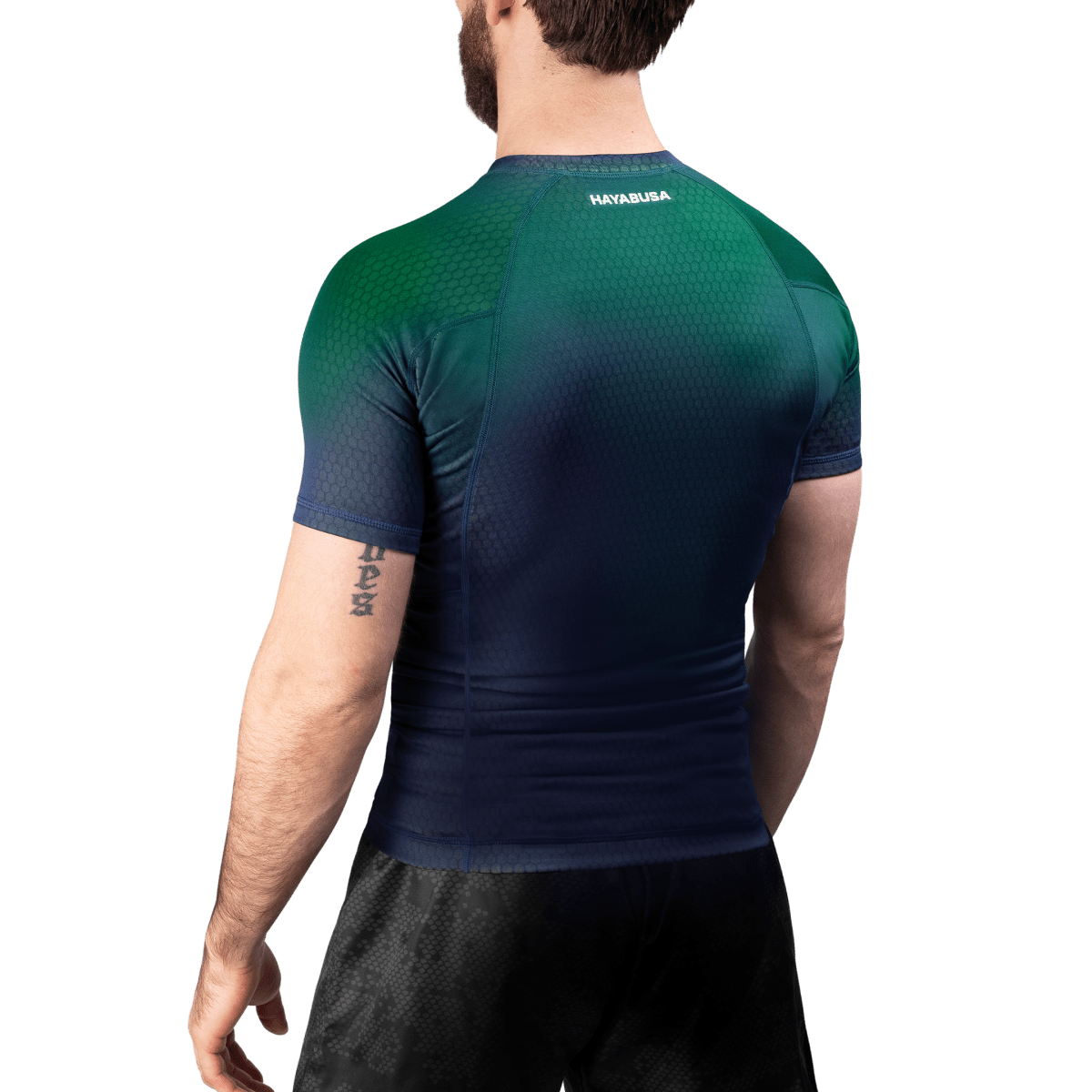 Vista trasera de la lycra Hayabusa Fusion azul/verde, costuras planas reforzadas para máxima durabilidad