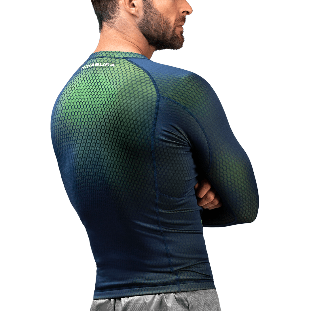 Vista trasera de la lycra Hayabusa Fusion azul/verde, protección total contra la abrasión y las quemaduras por alfombras