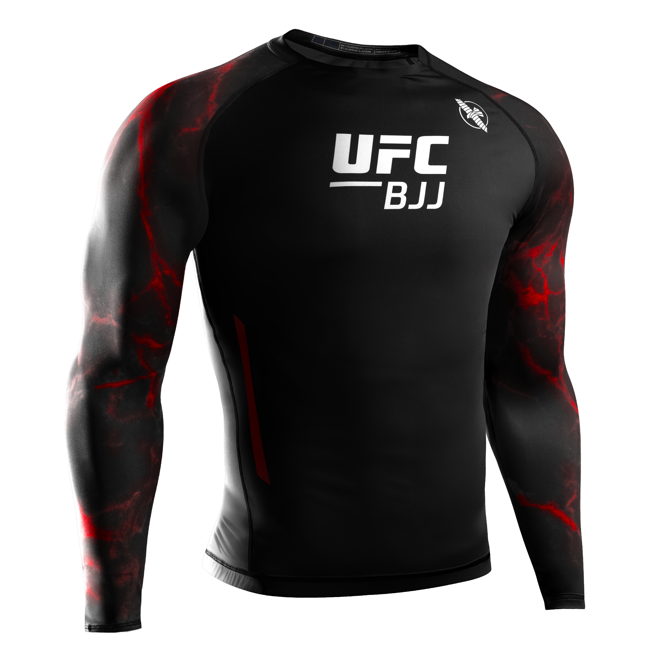 Vista frontale della rash guard ufficiale UFC BJJ a maniche lunghe in colore nero e rosso