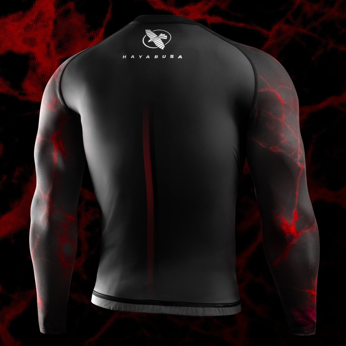 Vista trasera de la lycra negra y roja de UFC BJJ, destacando las costuras planas reforzadas