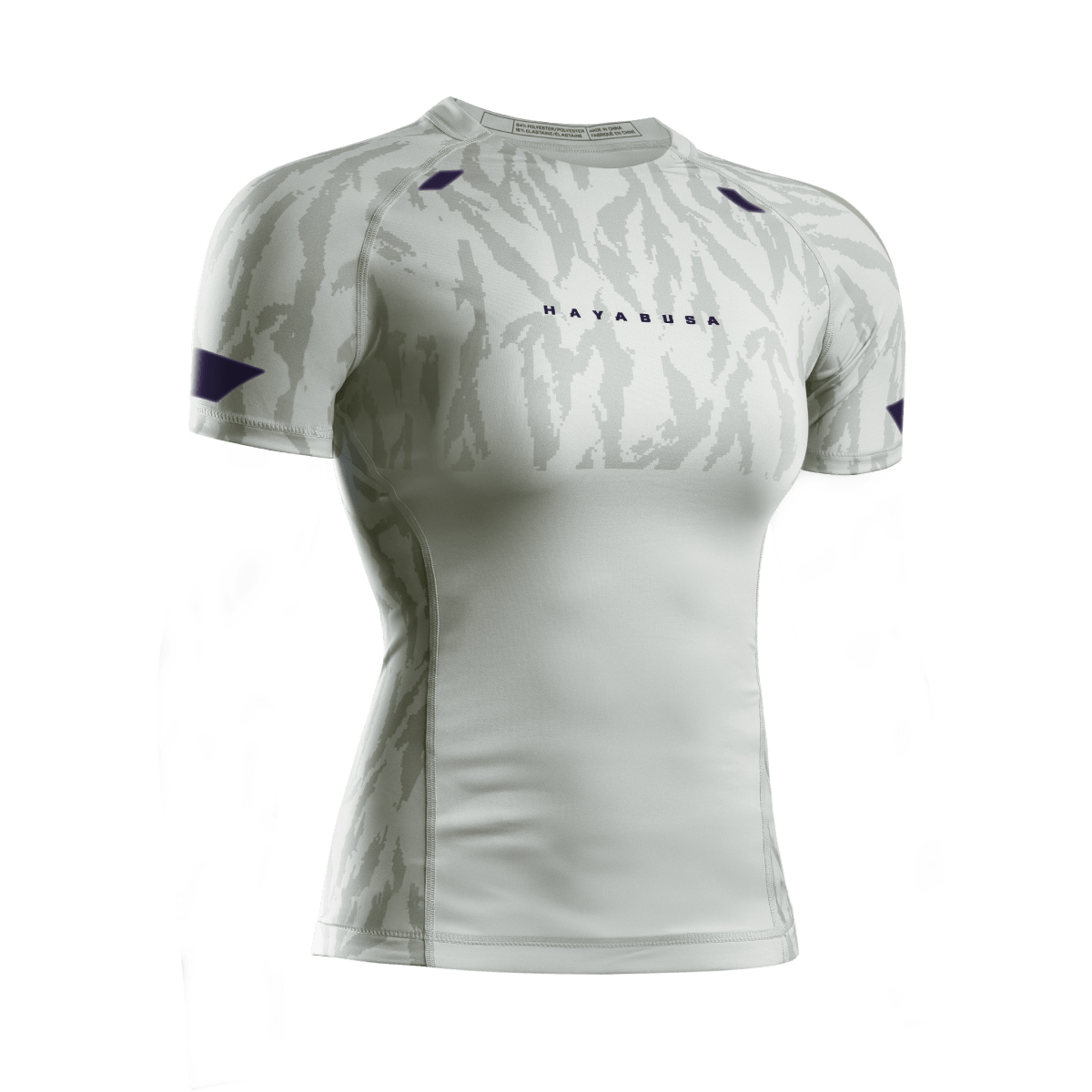 Vista frontal do rashguard feminino Hayabusa Apex bege com mangas curtas, tecido técnico para Jiu-Jitsu e MMA