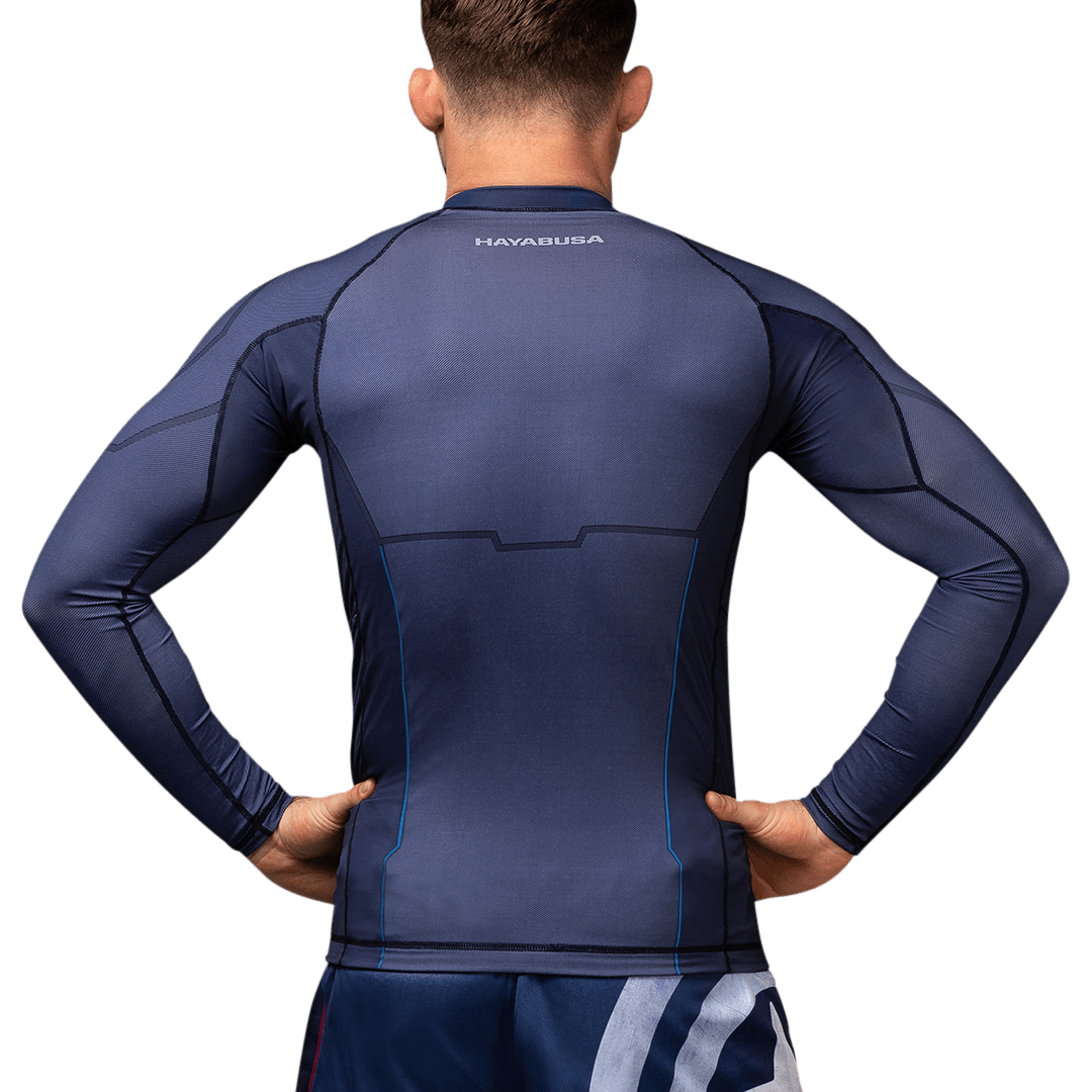 Vue arrière du rashguard Captain America Hayabusa, protection technique manches longues