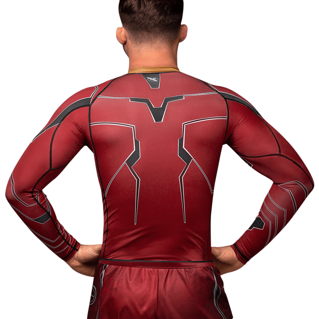 Vista posterior del Rashguard Iron Man Hayabusa, protección de compresión total para BJJ y MMA