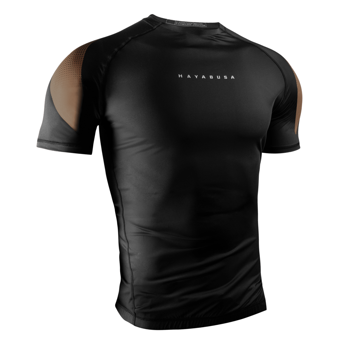 Vista frontal del Rashguard de manga corta marrón Hayabusa Pro Clasificado, protección profesional para cinturones marrones