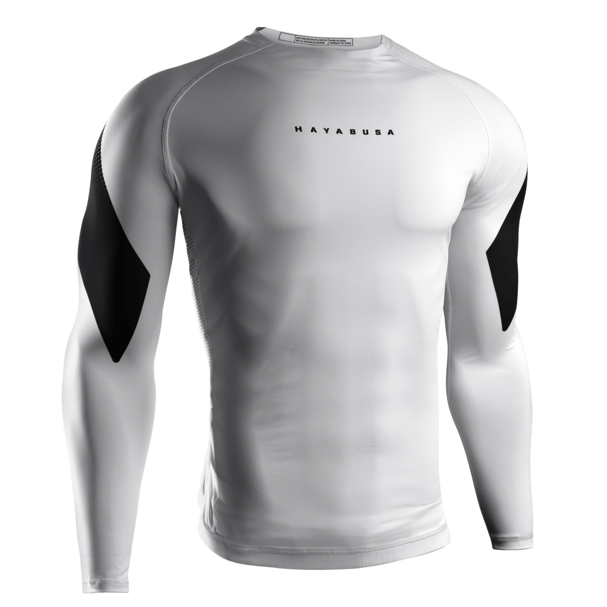 Vista frontal do rashguard branco Hayabusa Pro Ranking, design compatível com IBJJF para faixas brancas