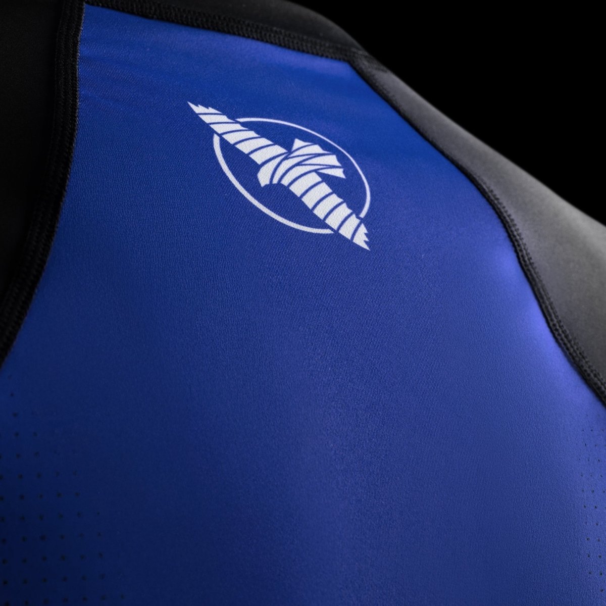Detalle en primer plano de los gráficos y el logotipo de Hayabusa en la lycra azul Pro Clasificado