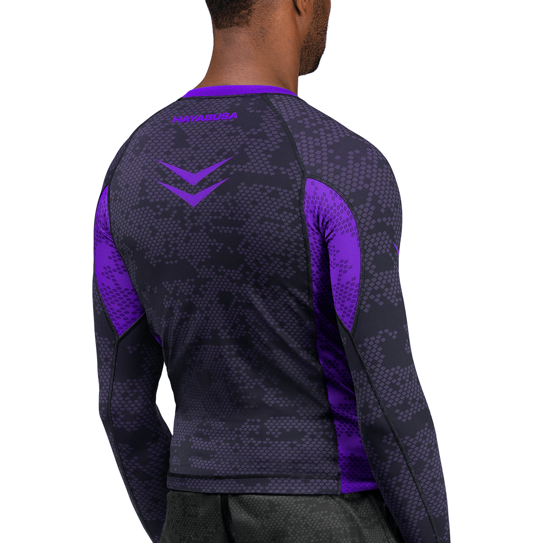 Vista trasera de la lycra morada Hayabusa, costuras planas anti-rozaduras