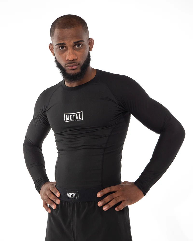 Główny widok z przodu, rashguard, długie rękawy Metal Boxe, czarna tkanina techniczna 170 gr