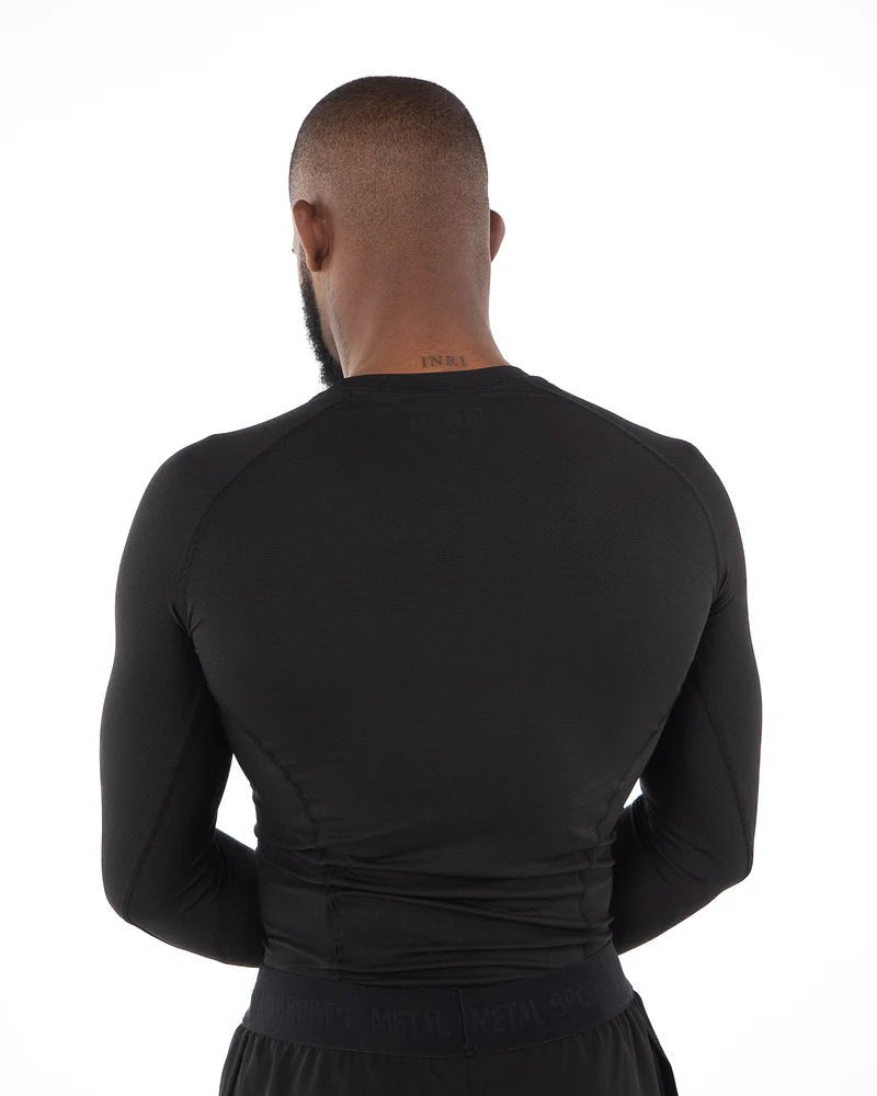 Rashguard vue arrière manches longues Metal Boxing noir coupe compression professionnelle