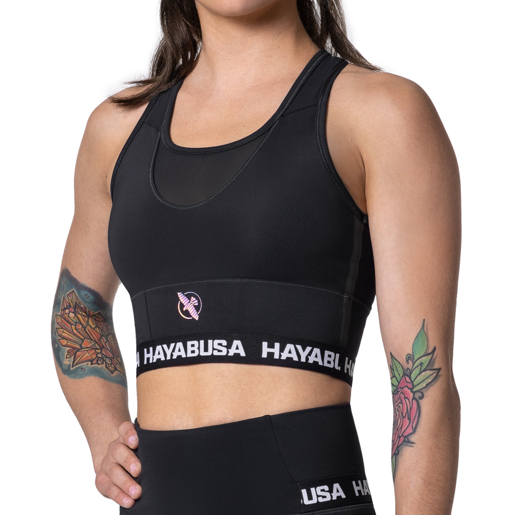 Vista frontale del reggiseno sportivo nero Hayabusa Crossback a copertura totale
