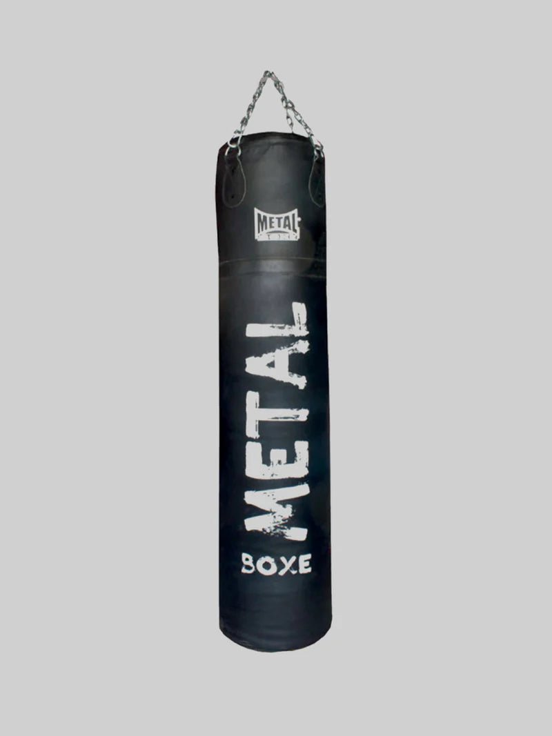 Vista frontal do saco de pancadas Metal Boxe Heracles 160cm 45kg couro de búfalo preto