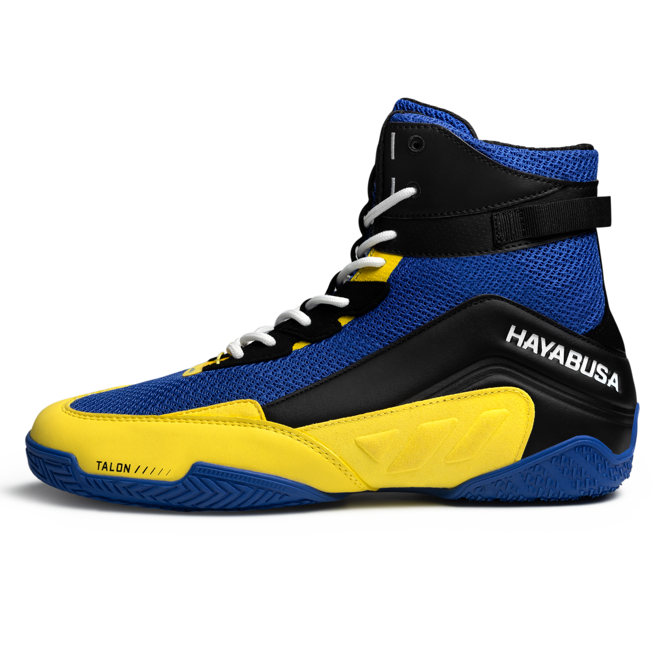 Dettaglio dei materiali in pelle microfibra e mesh delle scarpe Hayabusa Talon blu giallo