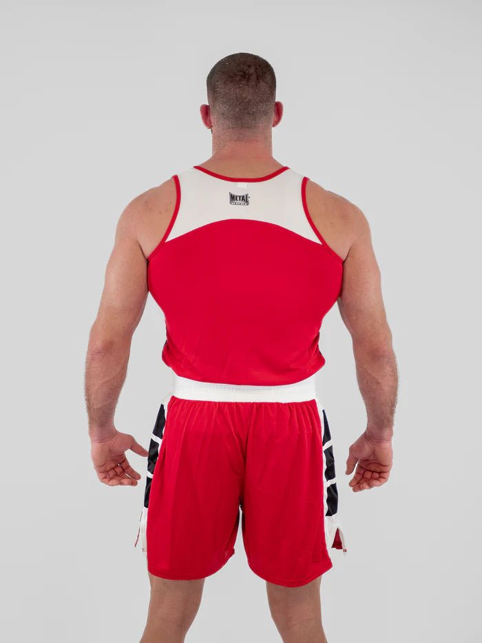 Boxningsuniform bakifrån Metal Boxe röd teknisk satin