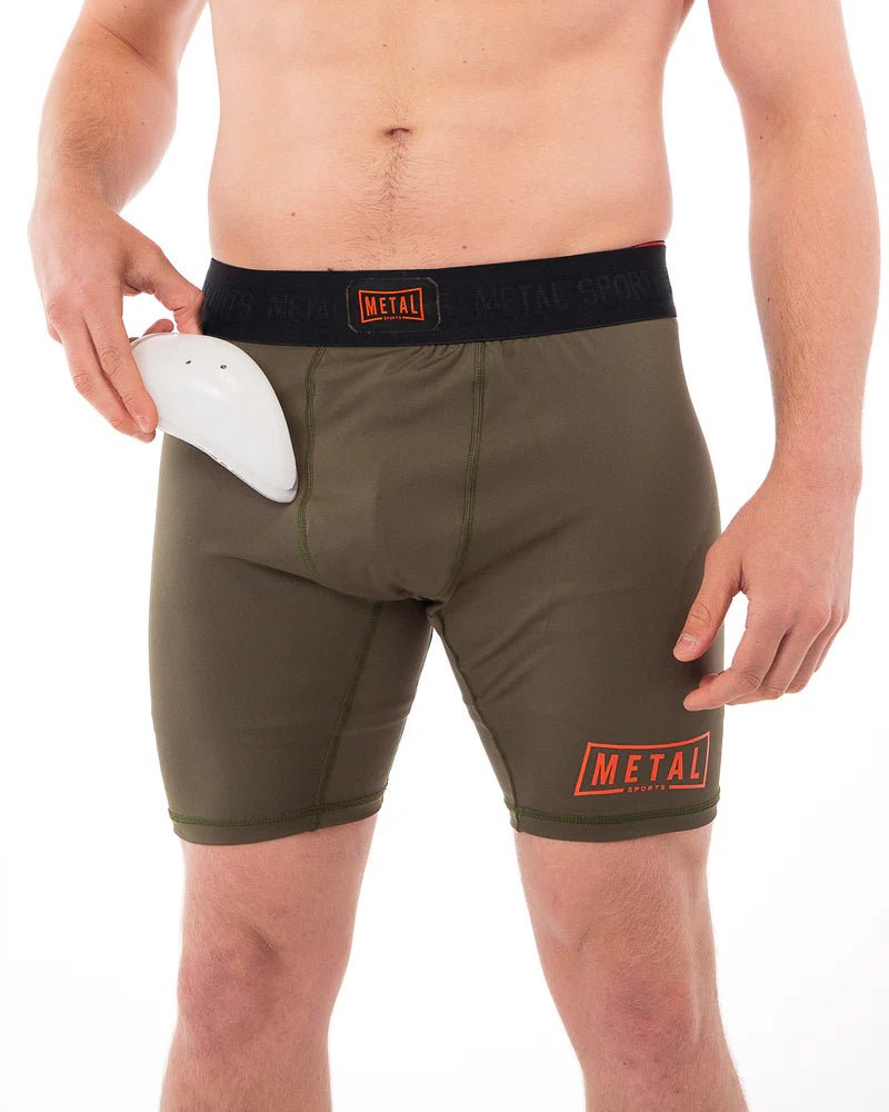 Front view men's compression shorts Metal Boxe olive green Metal Sports collection