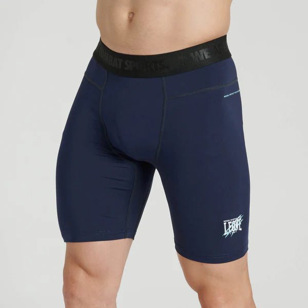 Front view of the blue Leone Primal Instinct compression shorts