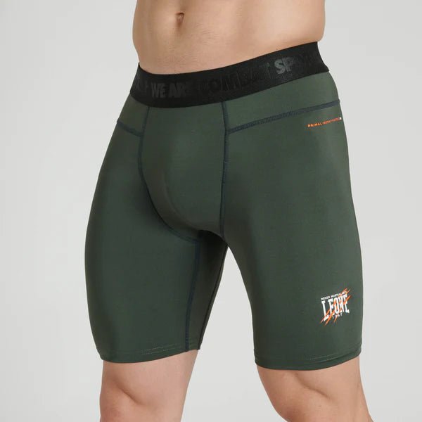 Front view of the military green Leone Primal Instinct compression shorts