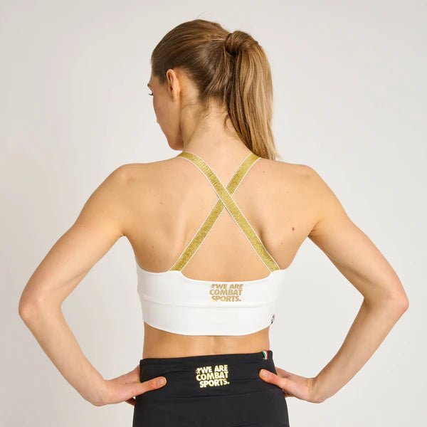 Zadní pohled na bílý top Leone DNA s prodyšnou tkaninou Cool Spandex