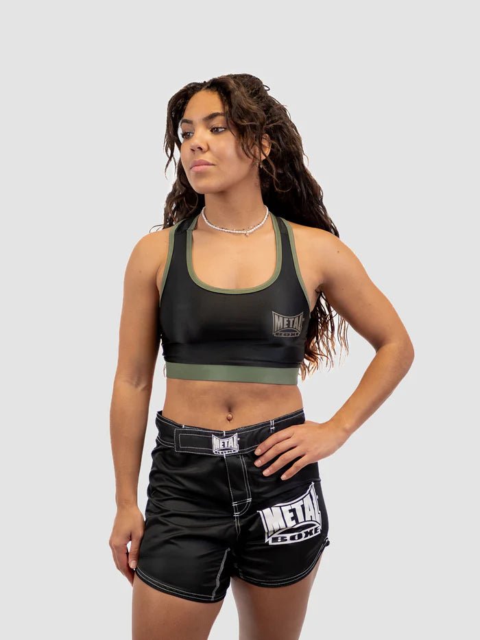 Vista frontal Top deportivo estilo militar Metal Boxe negro y caqui