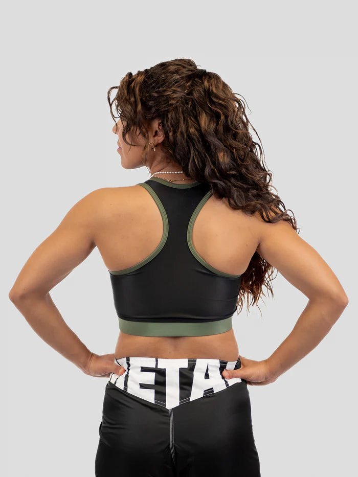 Vista trasera sujetador deportivo Metal Boxing negro caqui elasticidad y comodidad