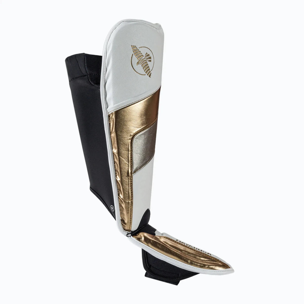 Vista trasera del diseño Full Back de las espinilleras Hayabusa T3 blancas sin componentes rígidos.