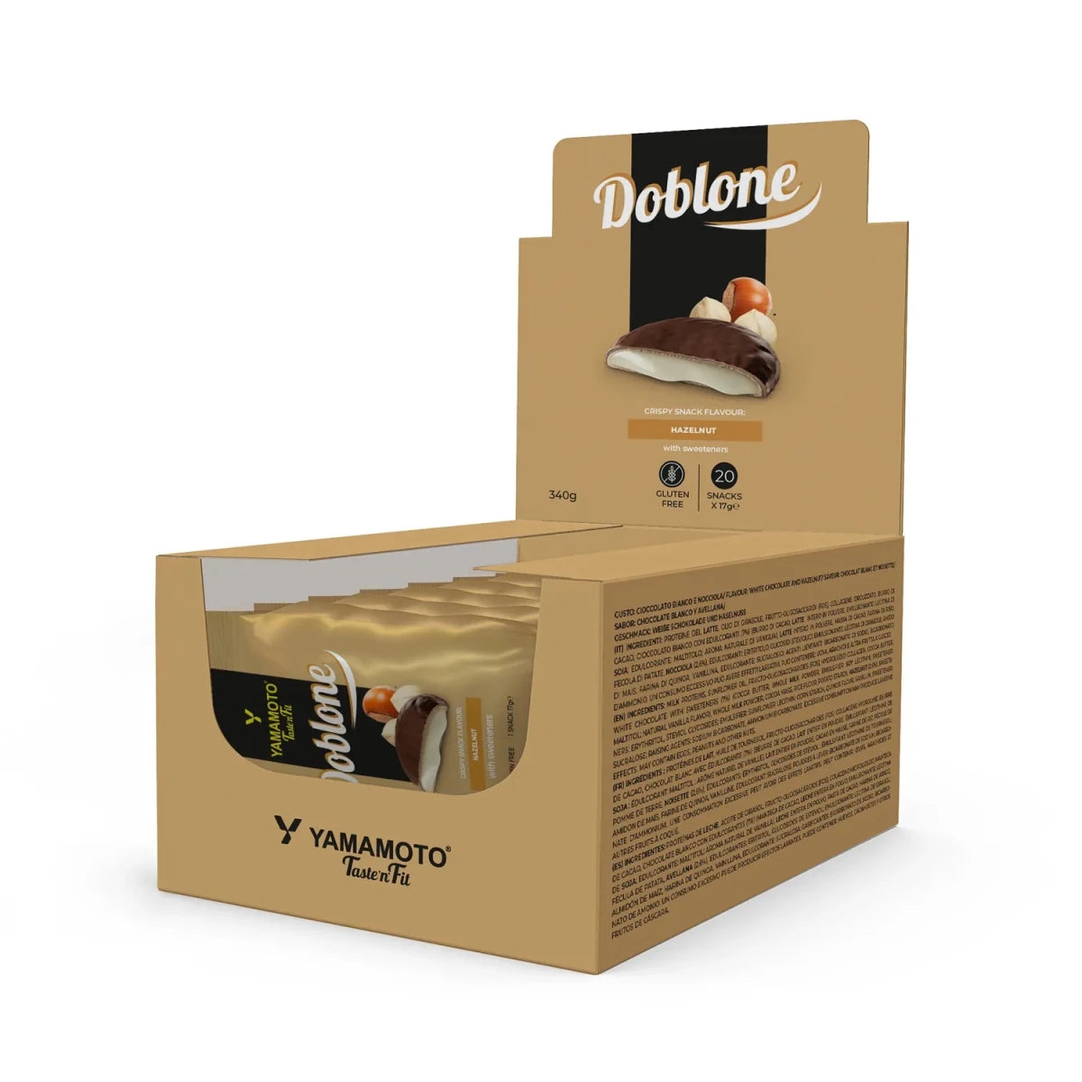 Caja de 20 piezas de galletas Doblone bajas en carbohidratos con sabor avellana y chocolate blanco