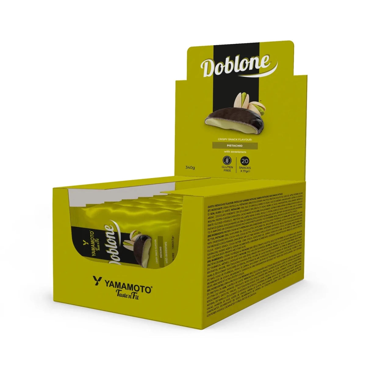 Pack de 20 galletas proteicas Doblone con sabor a pistacho y cobertura de chocolate negro