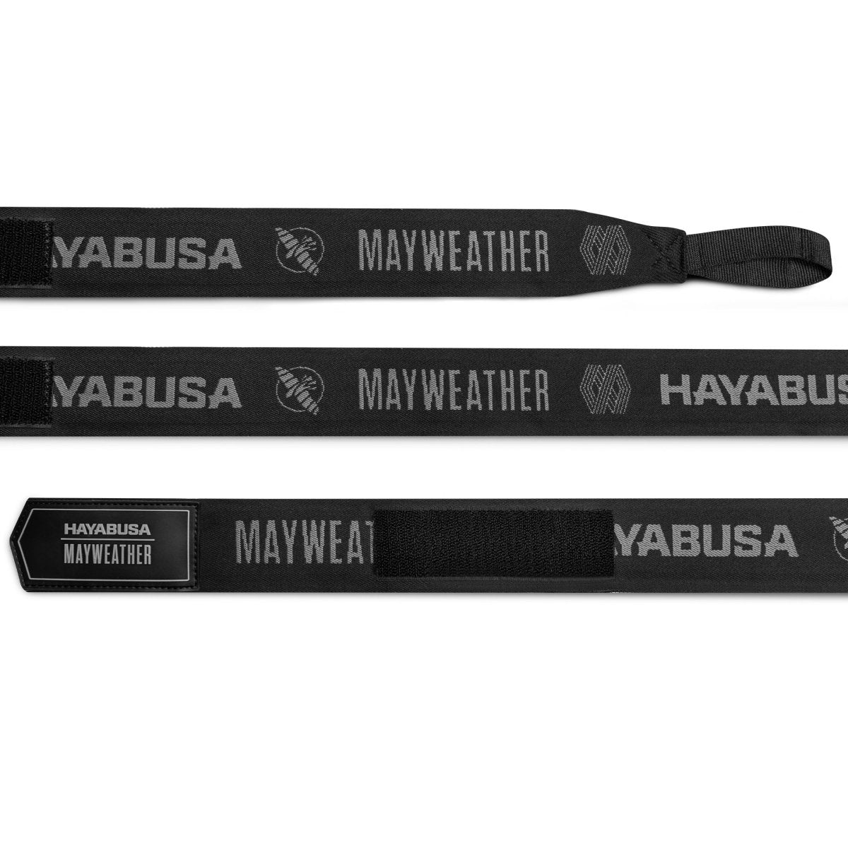 Bandagens de boxe Mayweather Deluxe pretas e cinza desenroladas para realçar o acabamento dos materiais