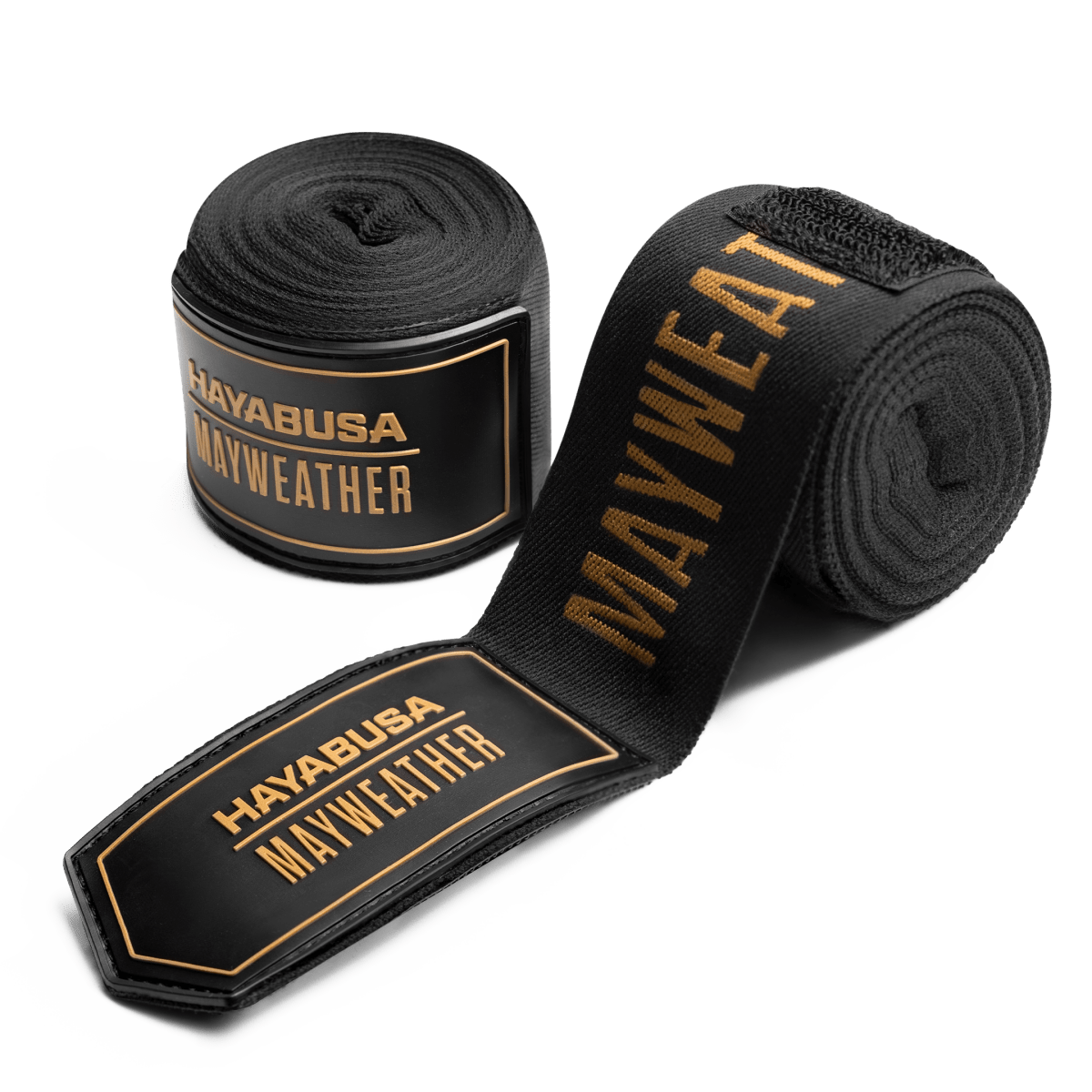 Para zwiniętych bandaży bokserskich Mayweather 180 cali Deluxe w kolorze czarno-złotym, widok główny