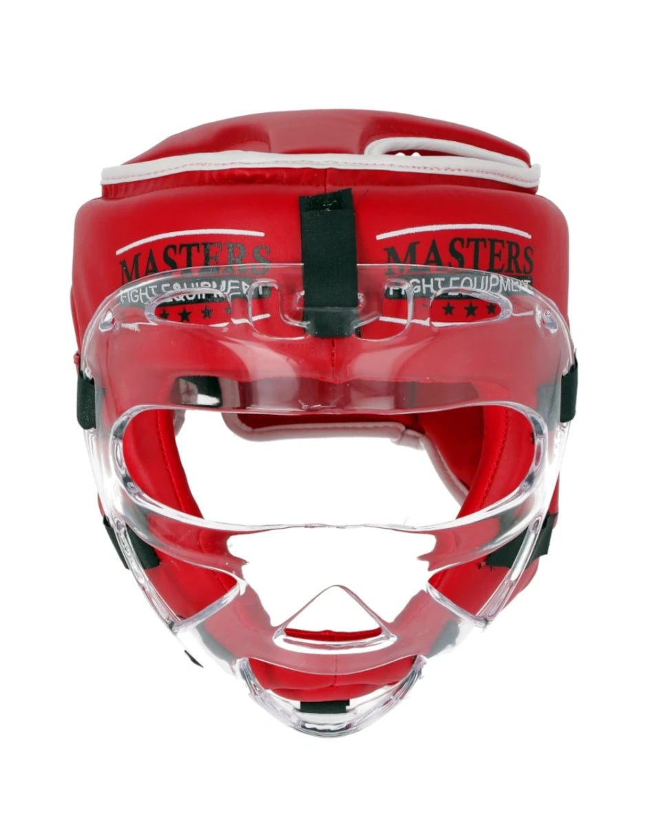 Vue avant du casque de kick boxing WAKO rouge avec visière de protection transparente