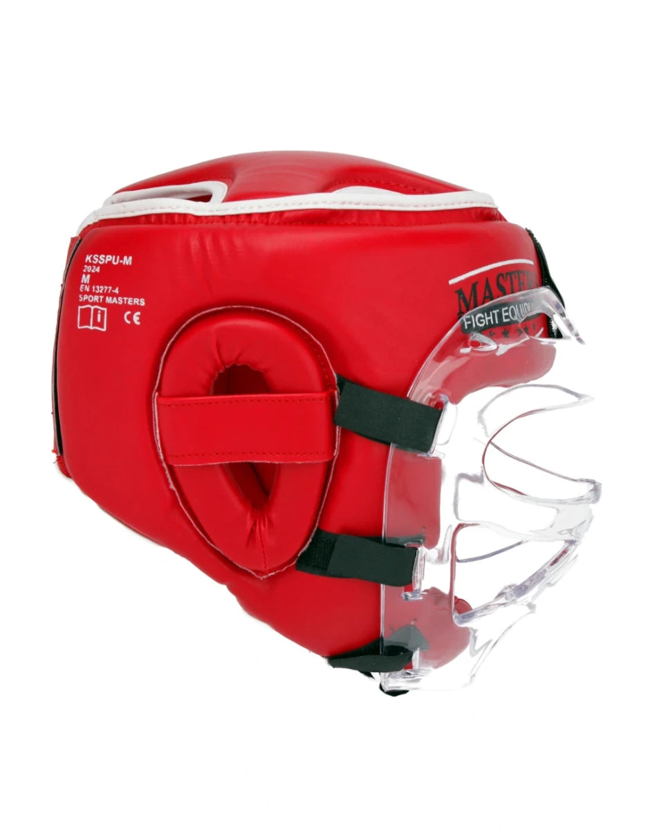 Perfil lateral del casco WAKO rojo que muestra la protección auditiva y la visera
